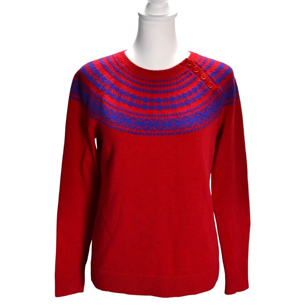 Talbots Sweater Womens Medium Red Fair Isle Lambswool Blend Button Shoulder Knit
